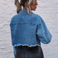 Boho Cropped Collared Neck Raw Hem Denim Jacket