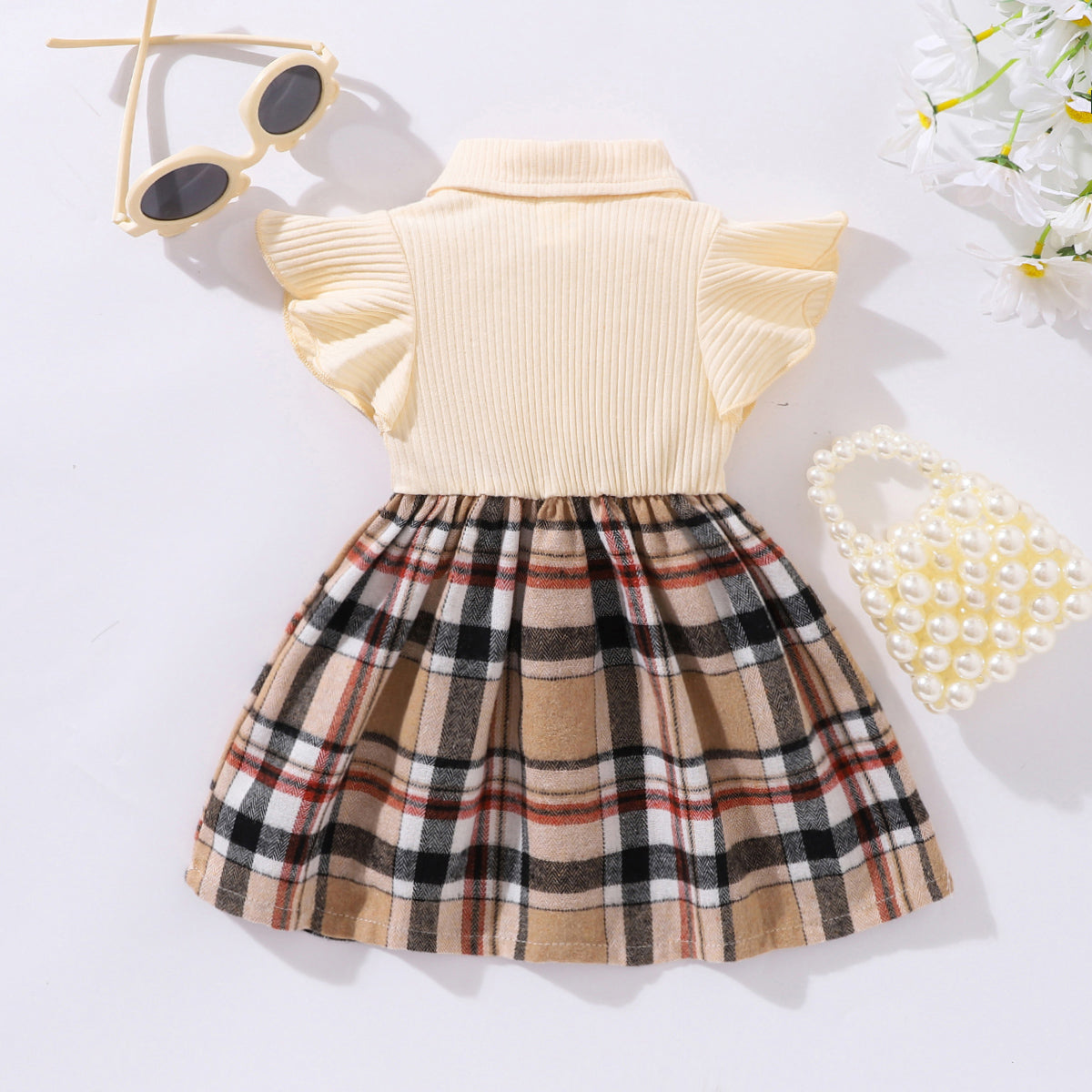 Little Baby Girl Plaid Collared Bow Detail Dress