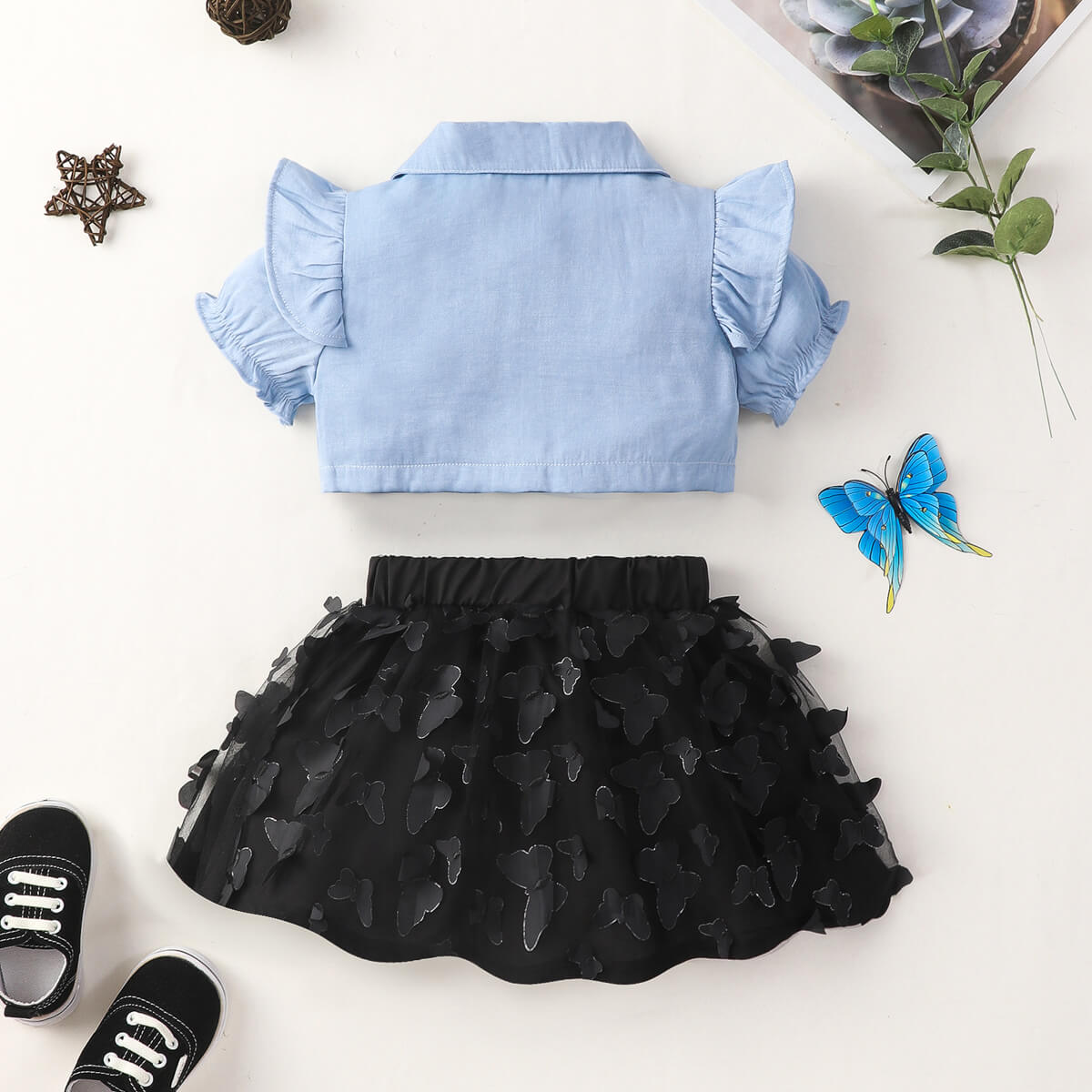 Little Girls - Big Girls Bohemian Ruffle Shoulder Shirt and Butterfly Applique Skirt Set