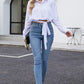 Boho White Cropped Lapel Collar Tie Waist Long Sleeve Blouse