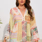 Boho Paisley Printed Colorblock Lace Trim Buttoned Blouse
