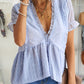 Swiss Dot Deep V Flounce Sleeve Blouse