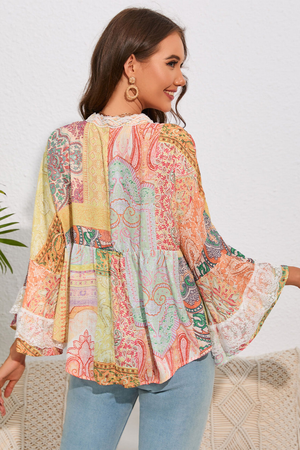 Boho Paisley Printed Colorblock Lace Trim Buttoned Blouse