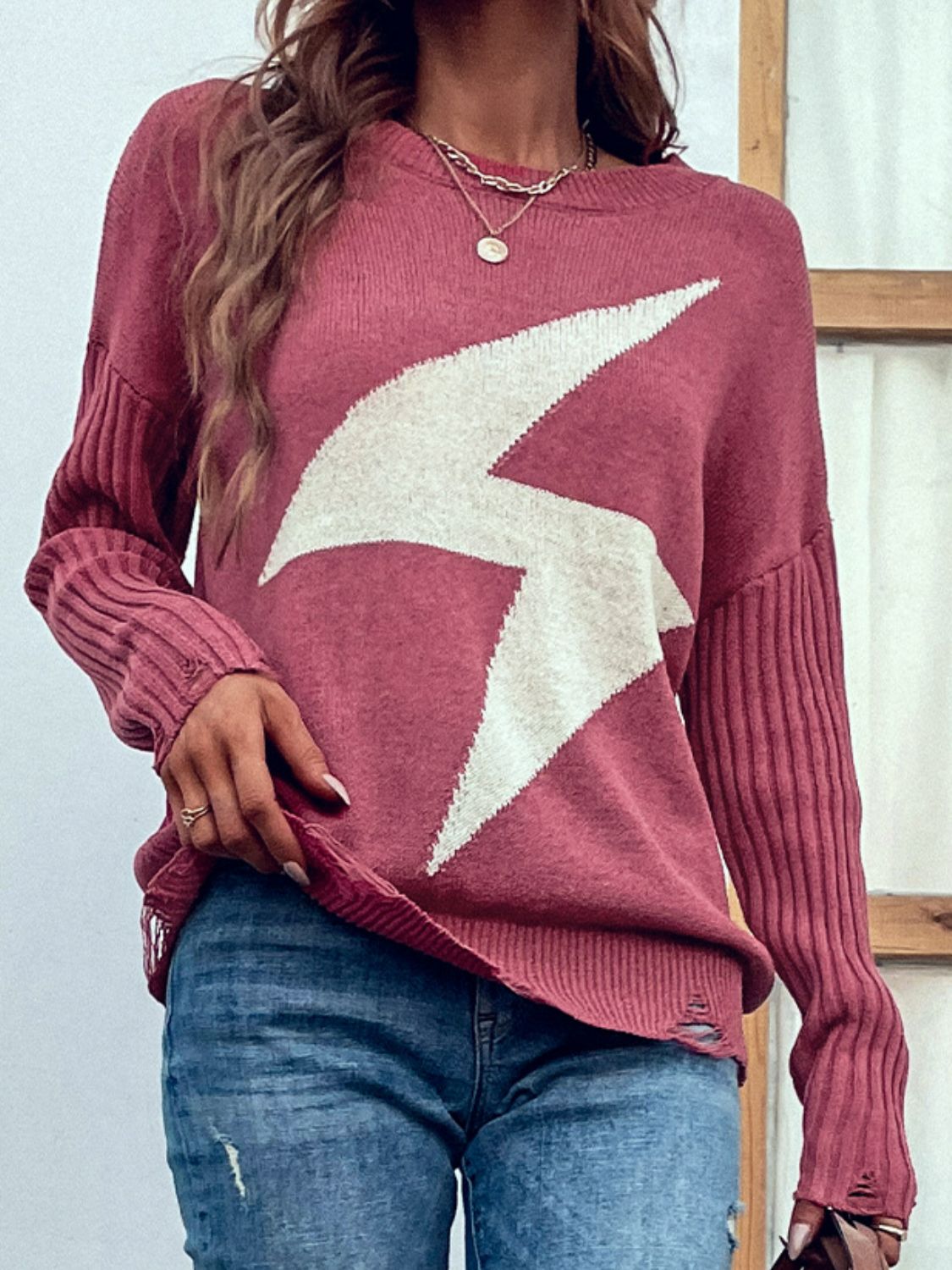 Boho Distressed Lightning Bolt Graphic Sweater