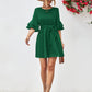 Charlie Round Neck Tie Belt Flounce Sleeve Dress
