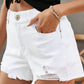 Mid-Rise White Frayed Hem Distressed Denim Shorts with Pockets