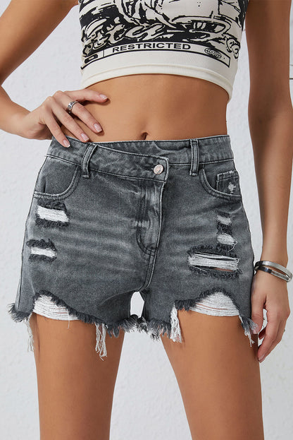 Asymmetrical Crossover Distressed Denim Shorts