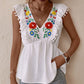 Boho Embroidered Pom-Pom Trim Cap Sleeve Babydoll Top