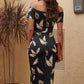 Printed Off-Shoulder Split Midi Dress