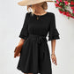 Charlie Round Neck Tie Belt Flounce Sleeve Dress