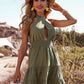 Olive Green Keyhole High Waist Ruffled Tier Mini Halter Dress