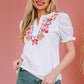Boho Embroidered Notched Neck Flounce Sleeve Top