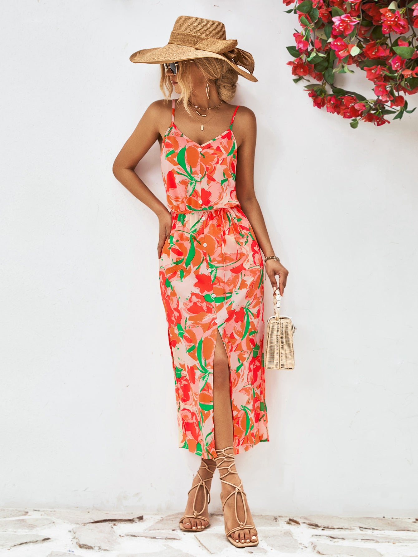 Gia Floral Printed Spaghetti Strap Front Slit Midi Dress