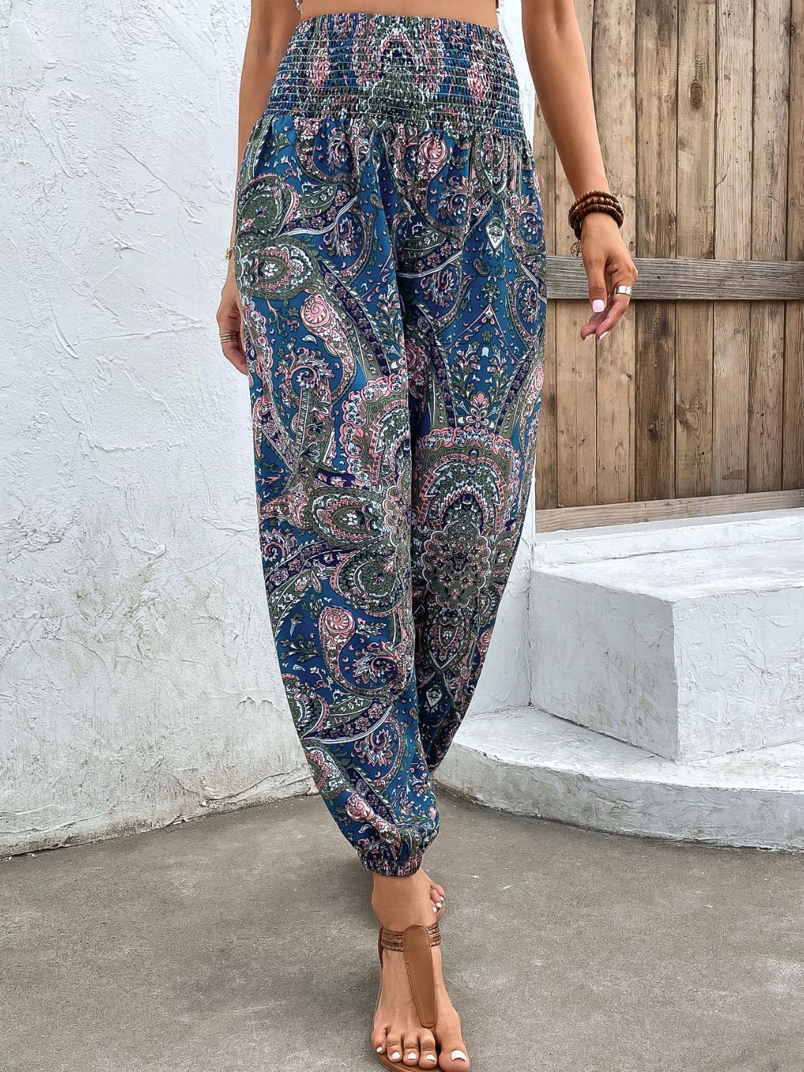 Boho Paisley Printed Smocked Waist Pants