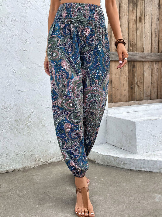 Boho Paisley Printed Smocked Waist Pants