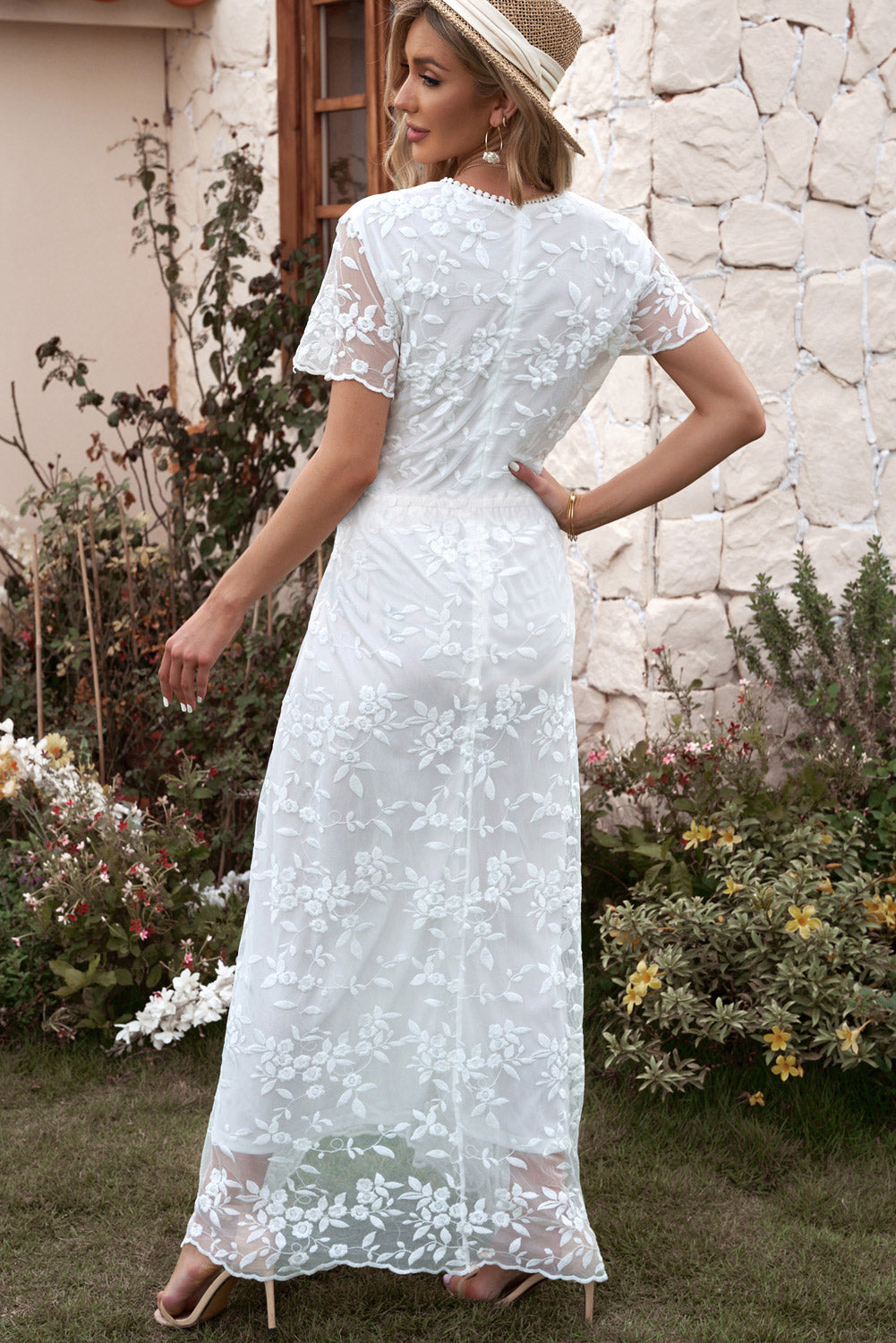 Bridal White Boho Embroidered Short Sleeve Surplice Neck Maxi Dress