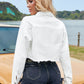 Boho Cropped Collared Neck Raw Hem Denim Jacket