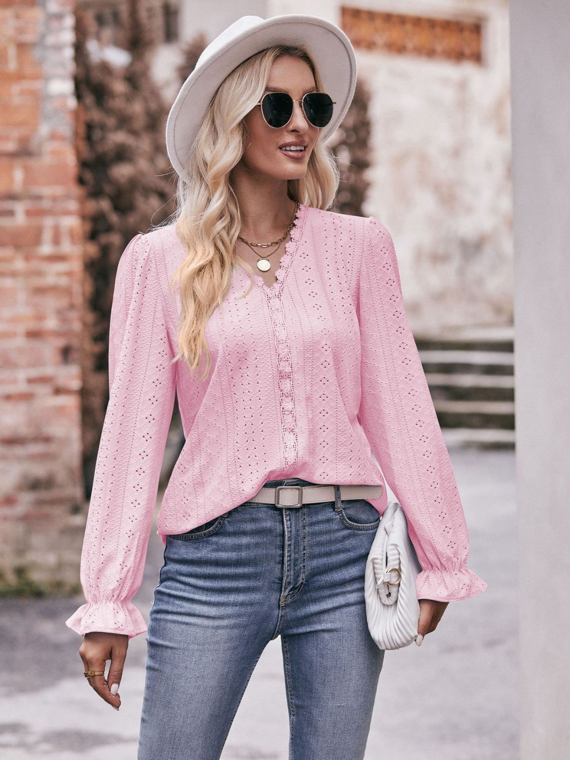 Bohemian Exposed Seam Round Neck Long Sleeve Cropped Top