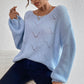 Boho Baby Blue Openwork Boat Neck Dropped Shoulder Sweater