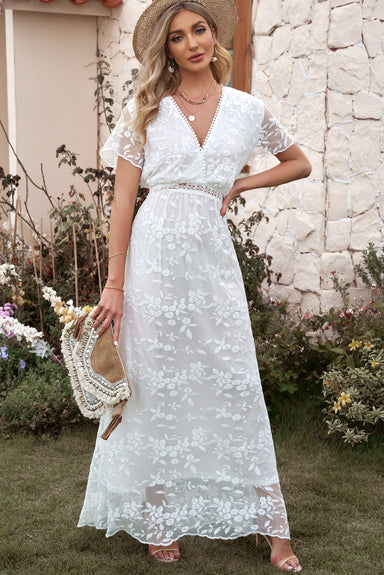 blue dress for baby girl Bridal White Boho Embroidered Short Sleeve Surplice Neck Maxi Dress- F –  OliverandJade