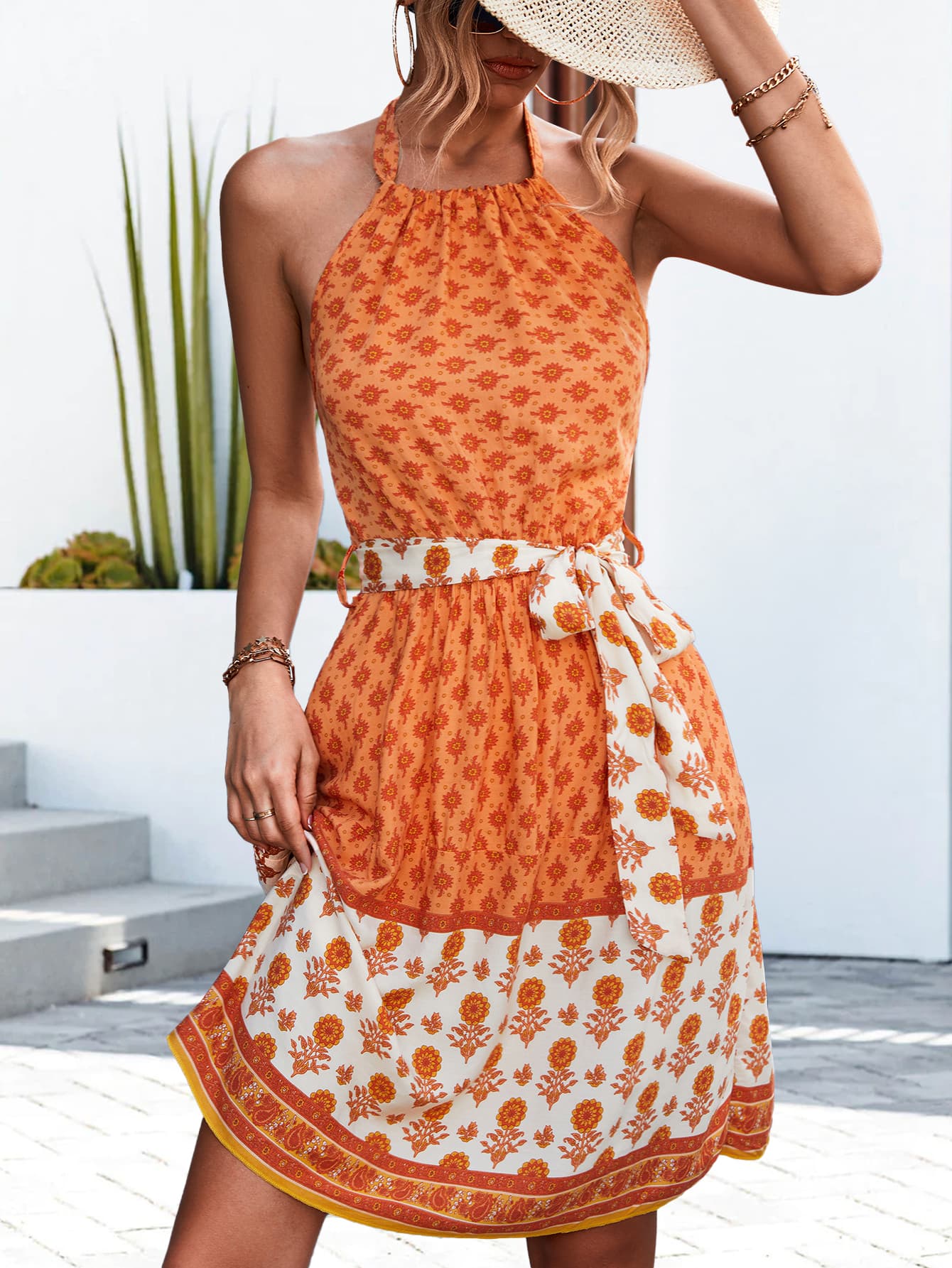 Boho Orange Floral Halter Neck Tie Waist Midi Dress