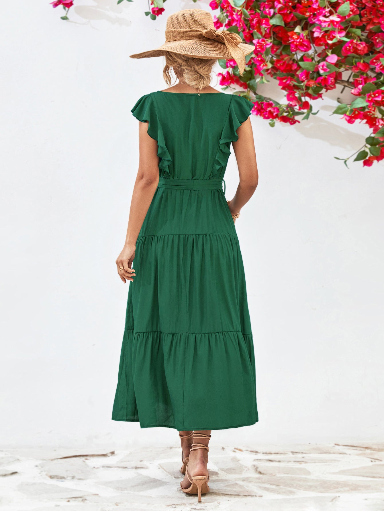 Evelyn Bohemian Tie Belt Ruffle Tier Midi Dress