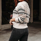 Bohemian Round Neck Ribbed & Cable Trim Zigzag Sweater