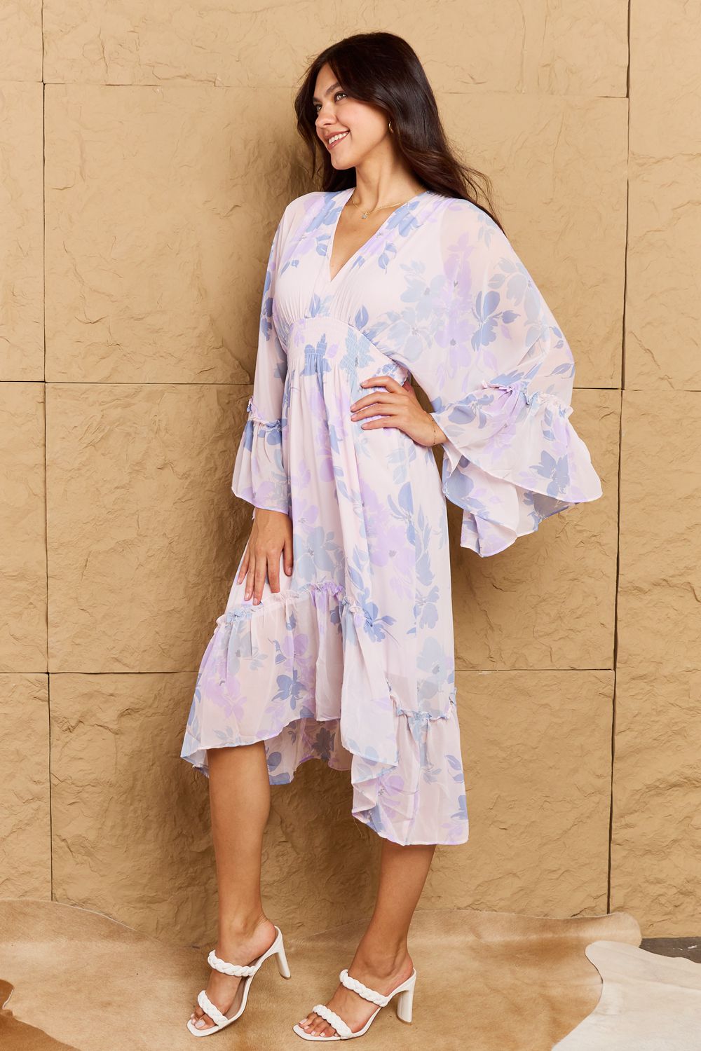 Bohemian OneTheLand Take Me With You Floral Bell Sleeve Midi Dress in Blue