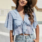 Swiss Dot Tied Flutter Sleeve Cropped Top