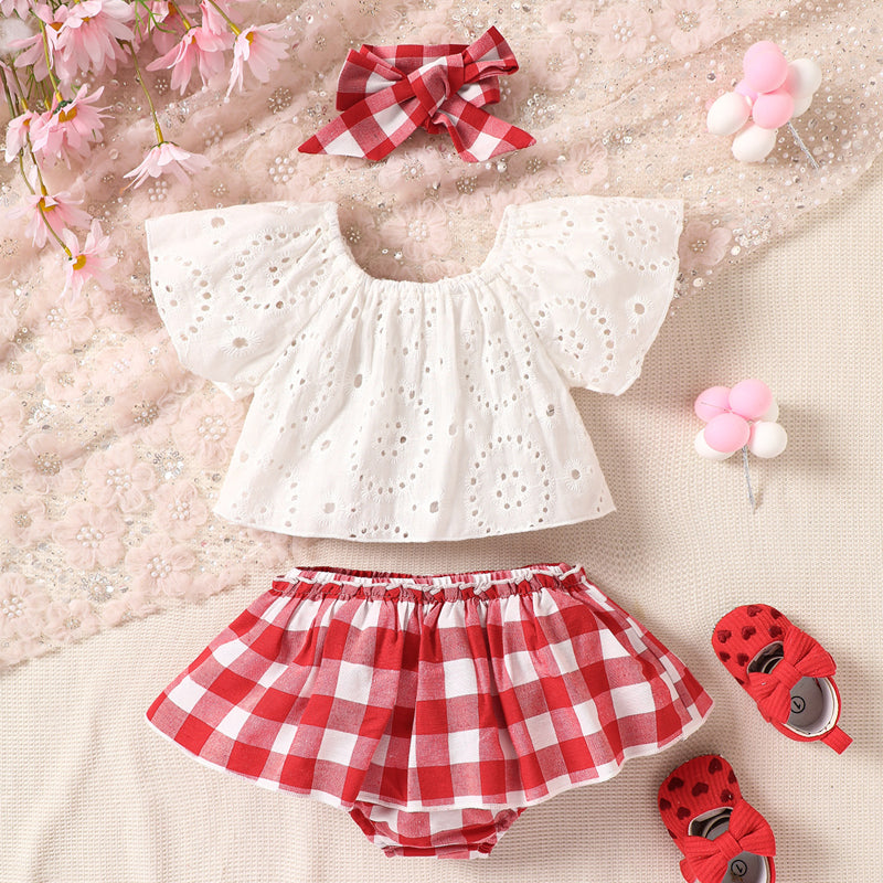 Little Baby Girl Bohemian Eyelet Lace Round Neck Top and Plaid Skort Set