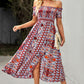 Bohemian Off-Shoulder Midi Frill Trim Split Dress