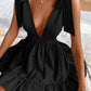 Black Flirty Deep V Neck Bow Shoulder Ruffle Hem Mini Dress