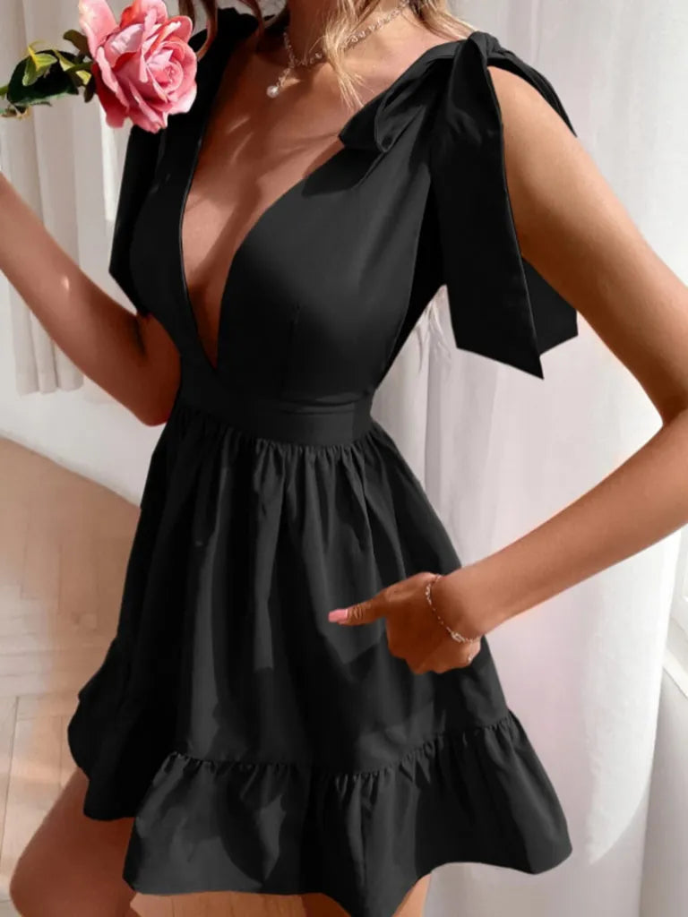 Black Flirty Deep V Neck Bow Shoulder Ruffle Hem Mini Dress