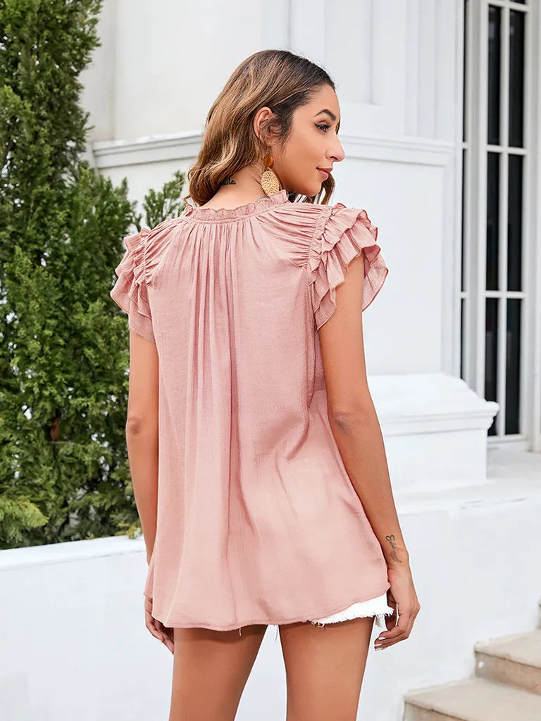 Bohemian Ruffle Sleeves Solid Color Top