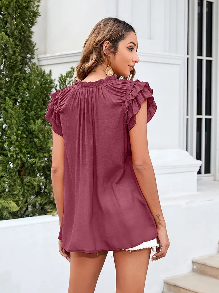 Bohemian Ruffle Sleeves Solid Color Top