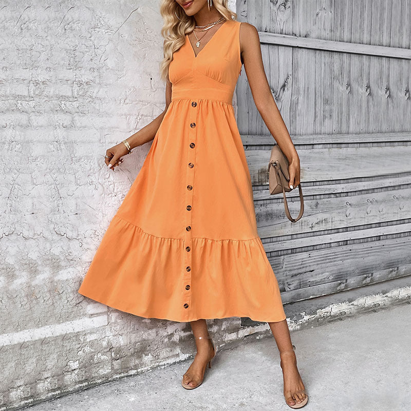 Felicity V-Neck Open Back Tangerine Sleeveless Button Front Dress