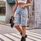 Ripped Denim Washed Mid Rise Long Mom Shorts