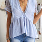 Swiss Dot Deep V Flounce Sleeve Blouse