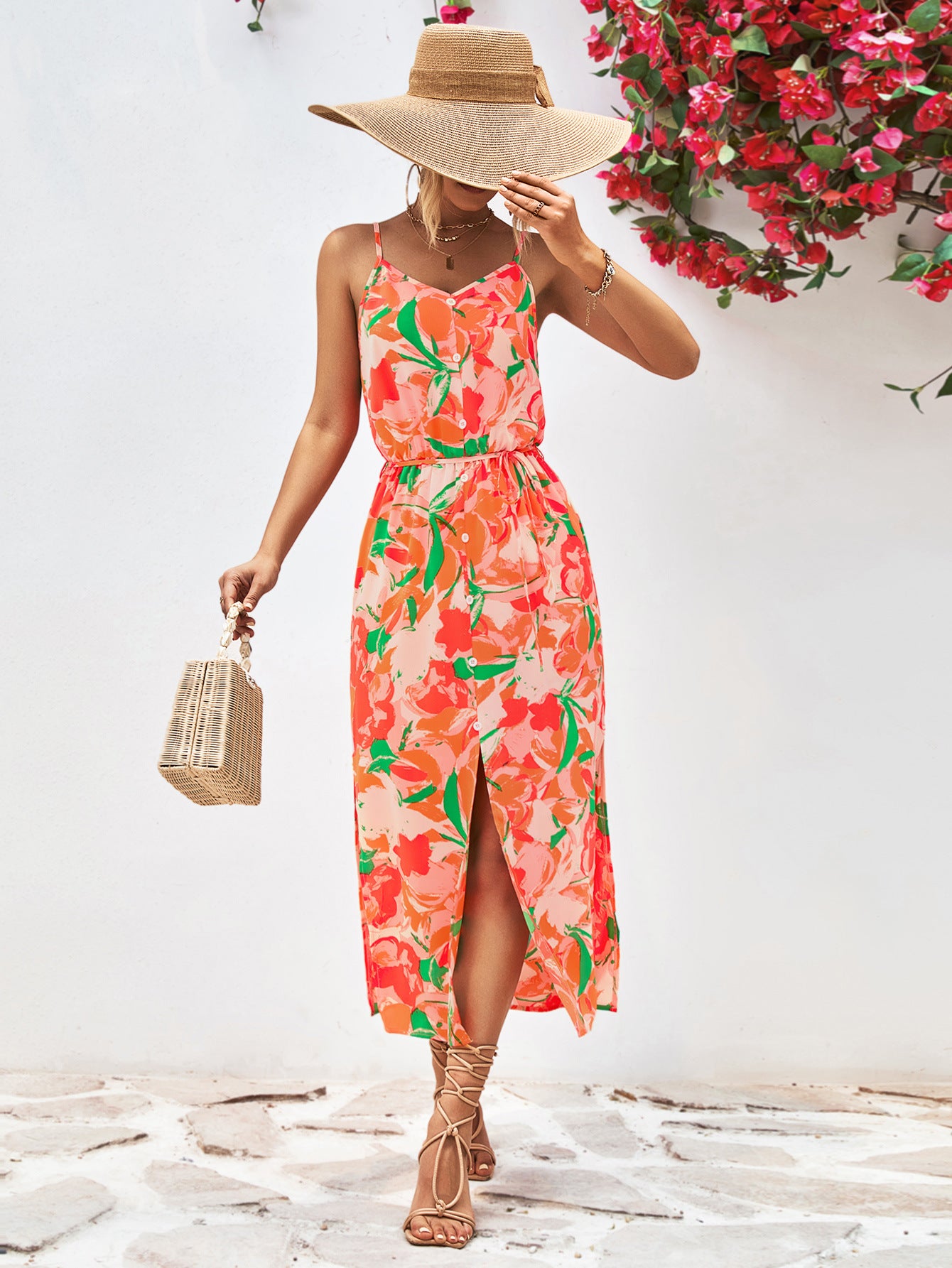 Gia Floral Printed Spaghetti Strap Front Slit Midi Dress