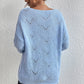 Boho Baby Blue Openwork Boat Neck Dropped Shoulder Sweater