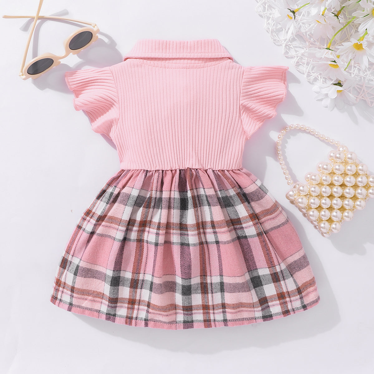 Little Baby Girl Plaid Collared Bow Detail Dress