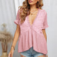 Swiss Dot Deep V Flounce Sleeve Blouse