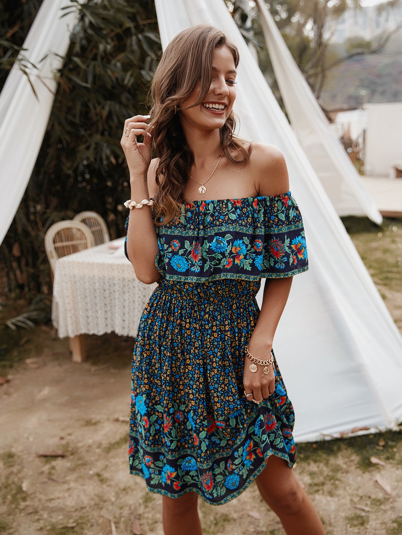 Carrie Bohemian Print Off-Shoulder Strapless Knee Length Dress