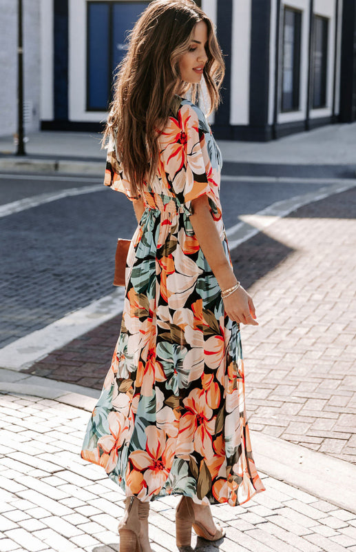 Women's Orange Floral Deep V Neck Kimono Maxi Dress
