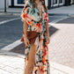 Women's Orange Floral Deep V Neck Kimono Maxi Dress