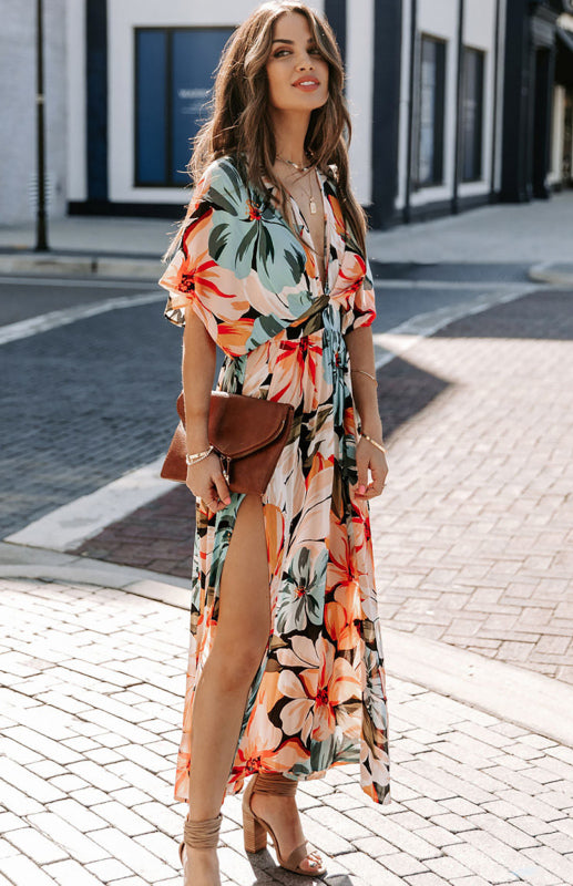 Women's Orange Floral Deep V Neck Kimono Maxi Dress