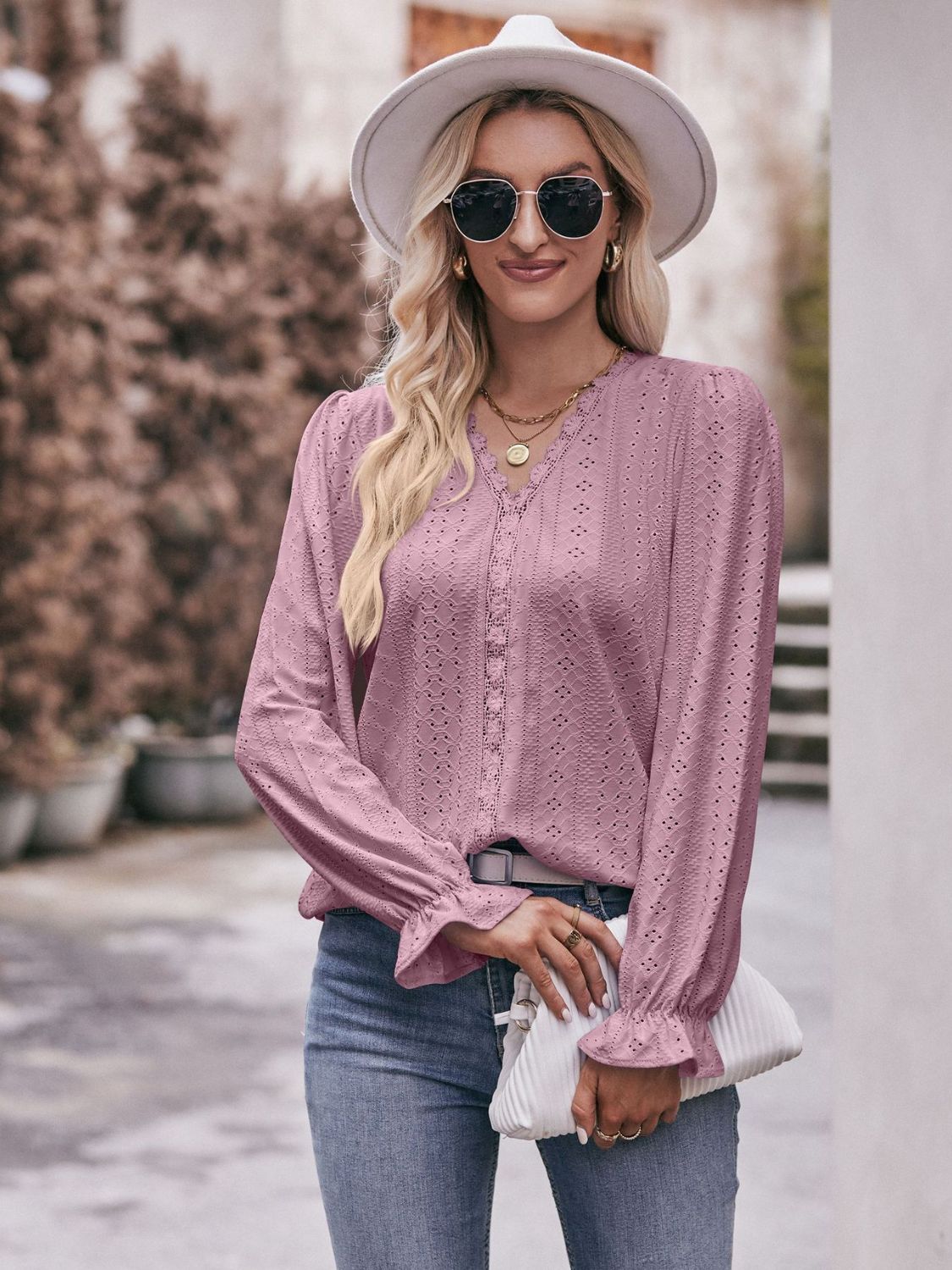 Bohemian Exposed Seam Round Neck Long Sleeve Cropped Top