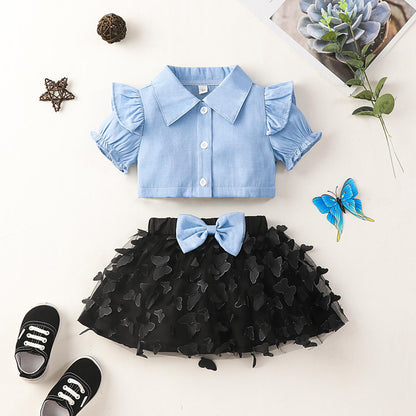 Little Girls - Big Girls Bohemian Ruffle Shoulder Shirt and Butterfly Applique Skirt Set