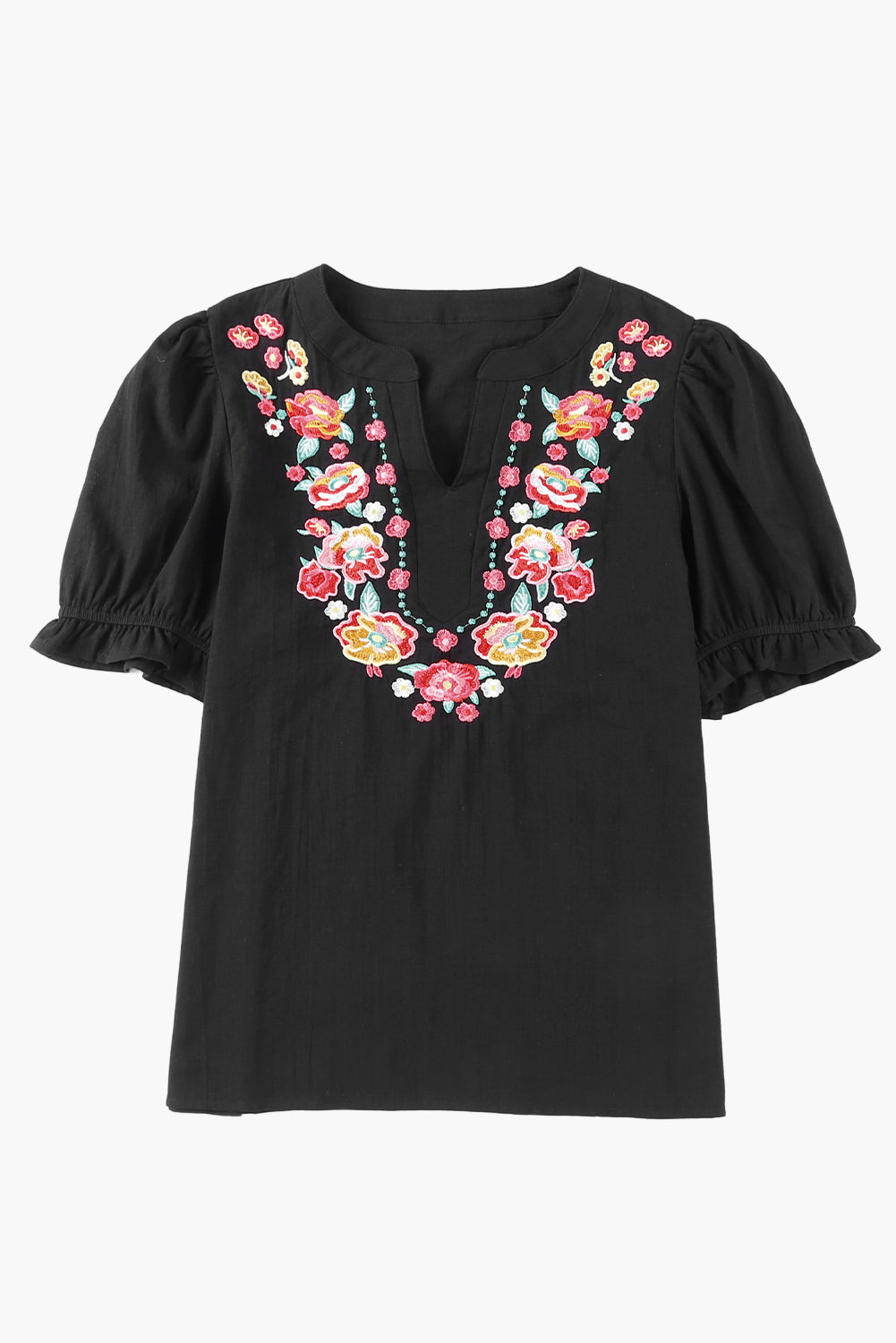 Boho Embroidered Notched Neck Flounce Sleeve Top