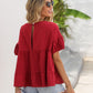Boho Red Round Neck Ruched Short Sleeve Blouse